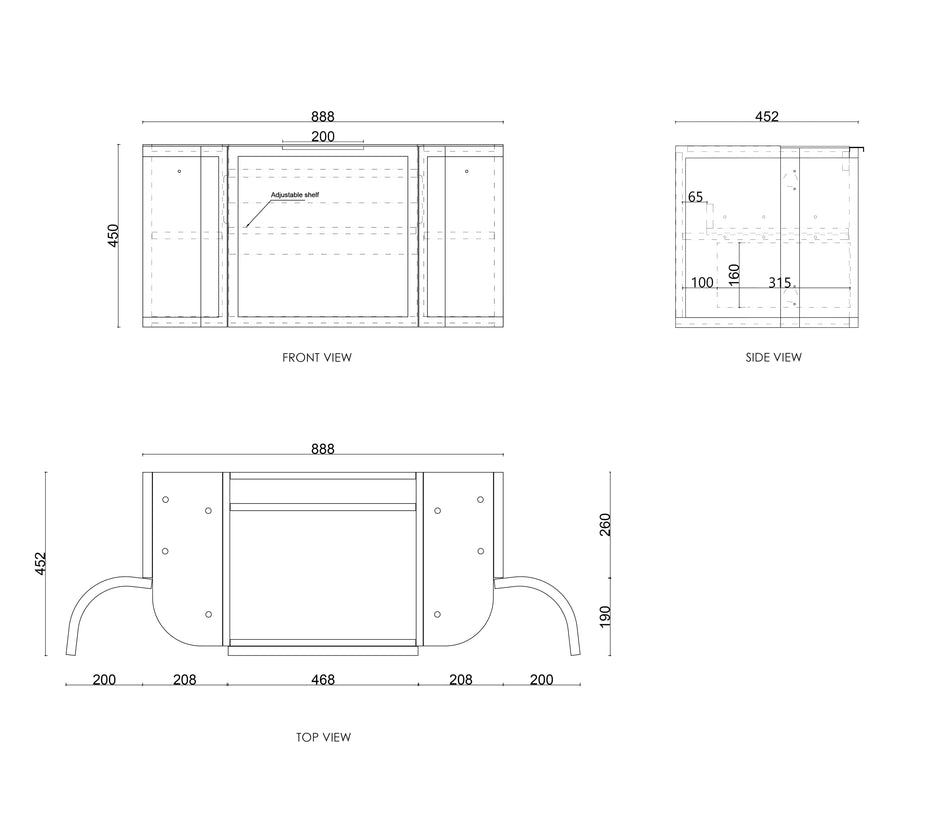 Otti Hampshire 900mm Satin Black Wall Hung Curve Vanity technical drawing