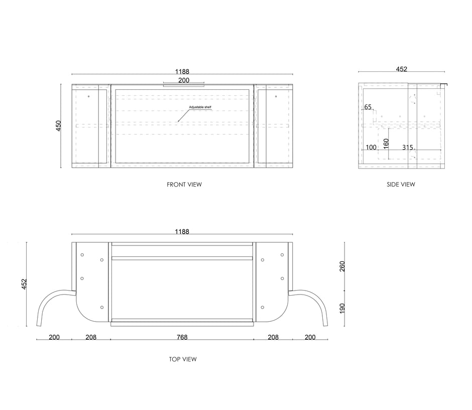 Hampshire 1200mm Satin Black Wall Hung Curve Vanity technical drawing