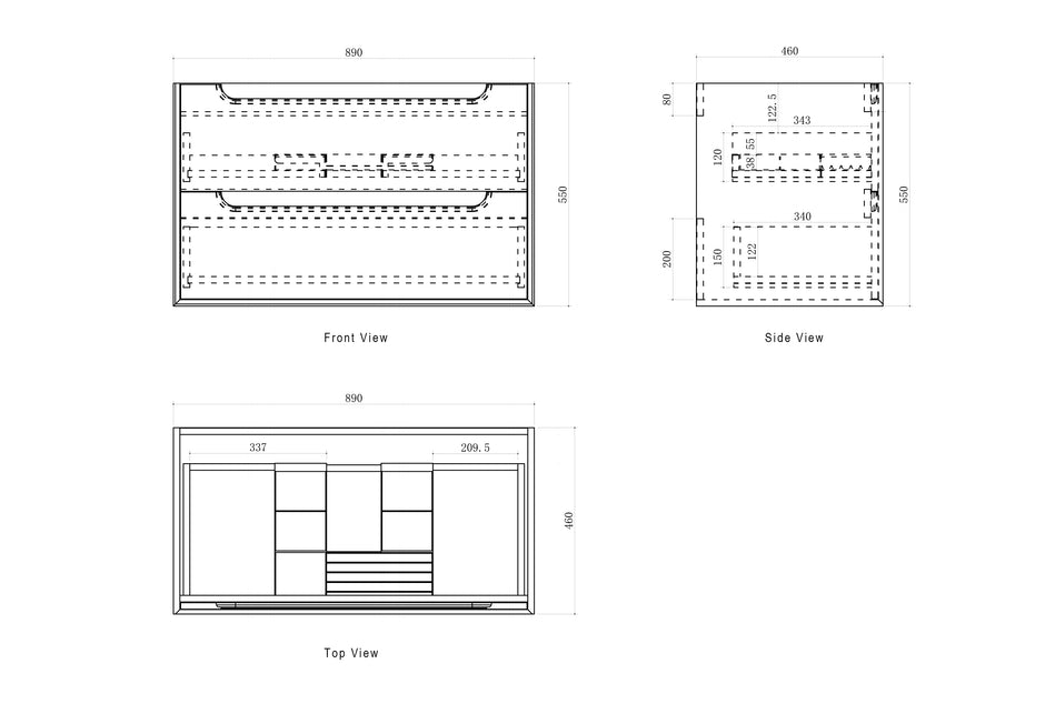 Byron 900mm Natural Oak Wall Hung Vanity technical drawing