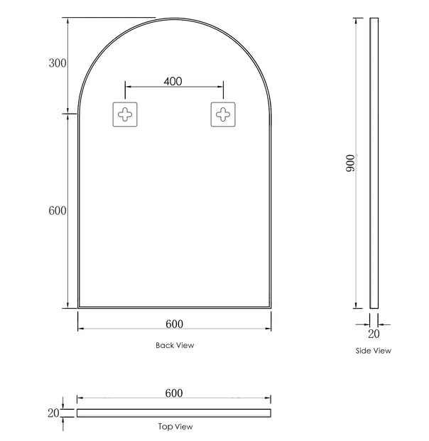 Archie 900(H)x600(W) White Metal Framed Tuffi Mirror technical drawing