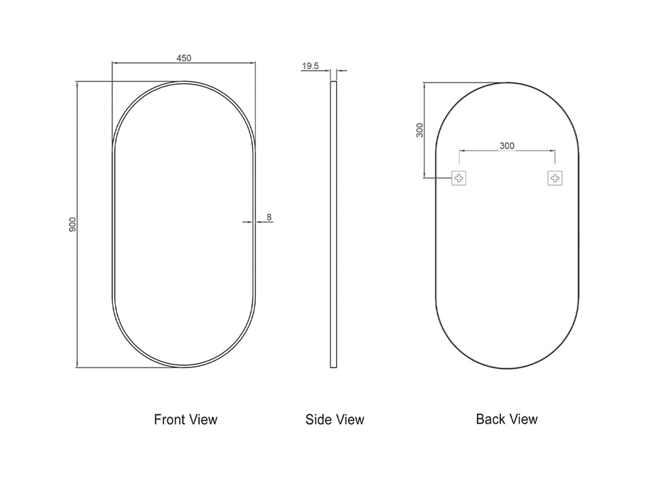 Noosa 900(H)x450(W) Gold Metal Frame Tuffi Mirror technical drawing