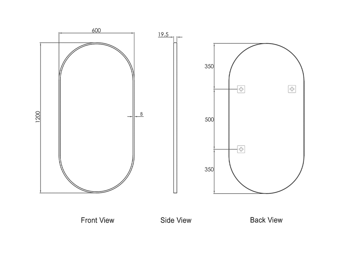 Noosa 1200(W)x600(H) White Metal Frame Tuffi Mirror- Install Horizontal or Vertical technical drawing