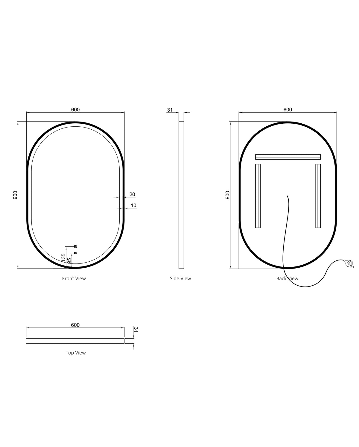 LED Noosa 900(H)x600(W) Black Metal Frame Tuffi Mirror- Install Horizontal or Vertical technical drawing