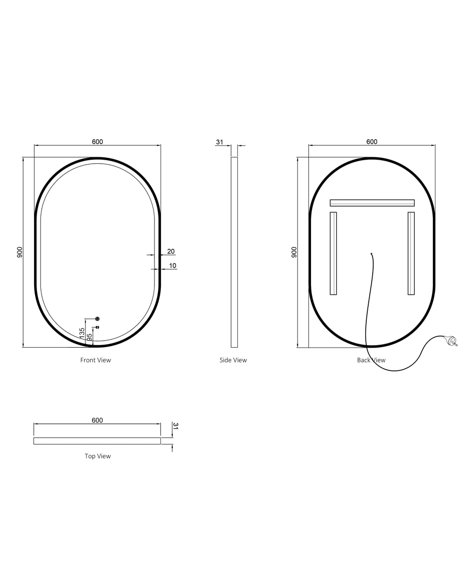 LED Noosa 900(H)x600(W) Black Metal Frame Tuffi Mirror- Install Horizontal or Vertical technical drawing