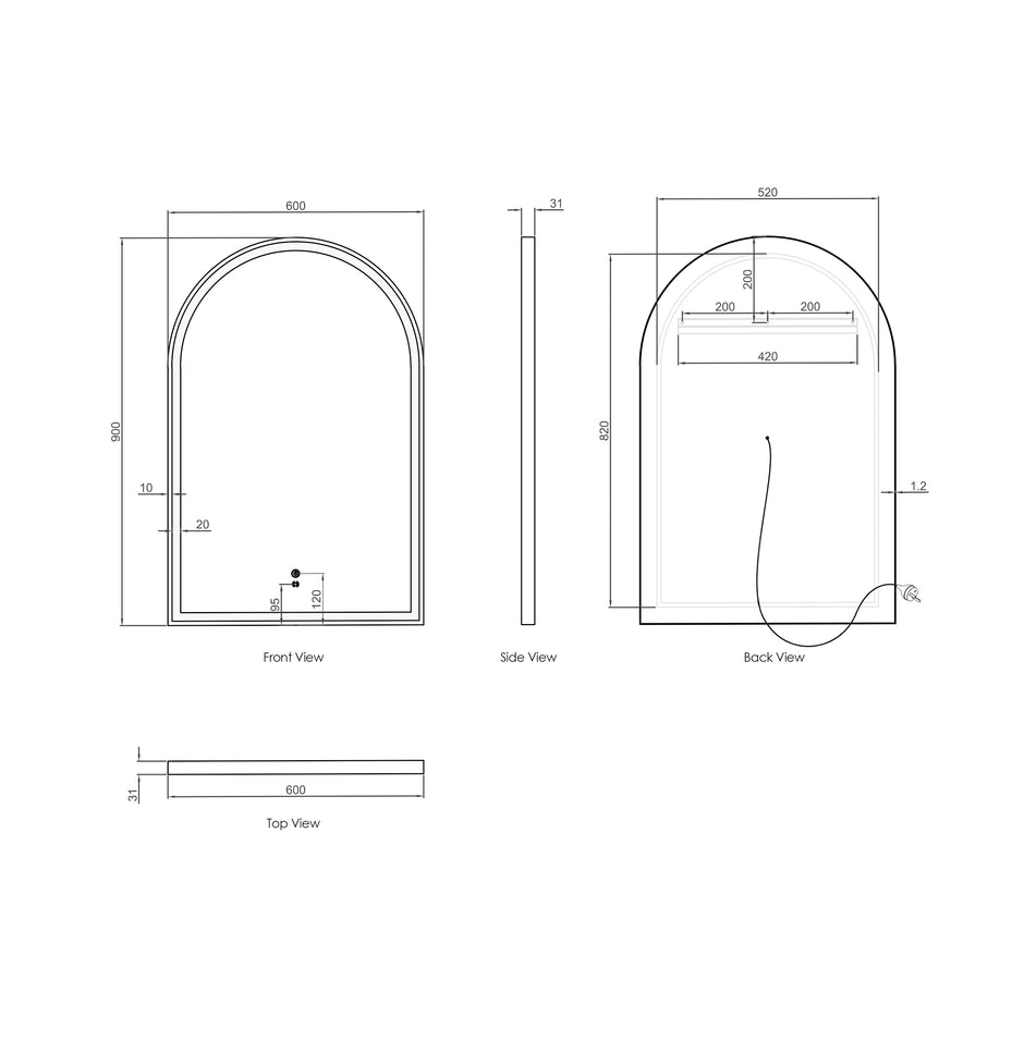 LED Archie 900(H)x600(W) White Metal Frame Tuffi Mirror technical drawing