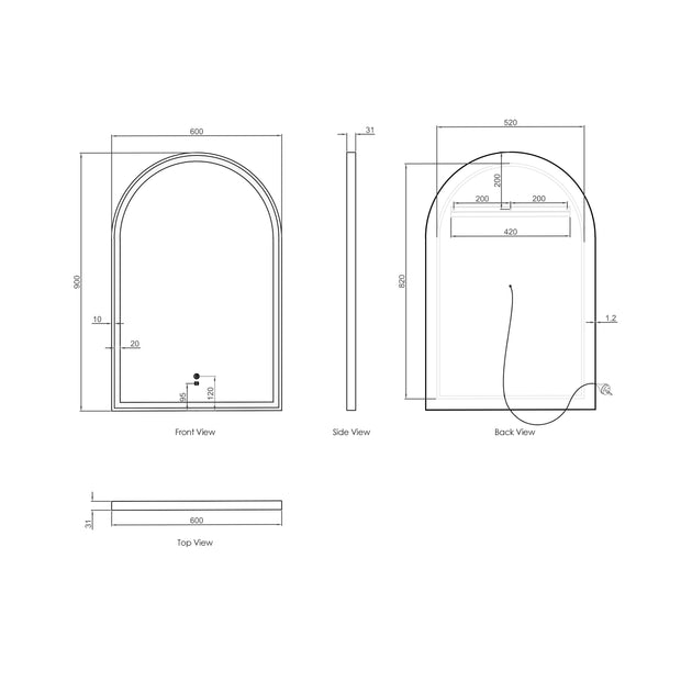 LED Archie 900(H)x600(W) Black Metal Frame Mirror technical drawing