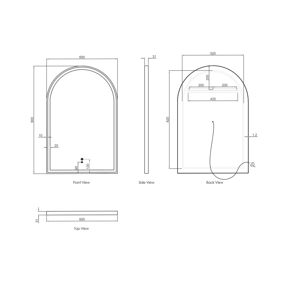 Otti LED Archie 900(H)x600(W) Gold Metal Frame Tuffi Mirror technical drawing