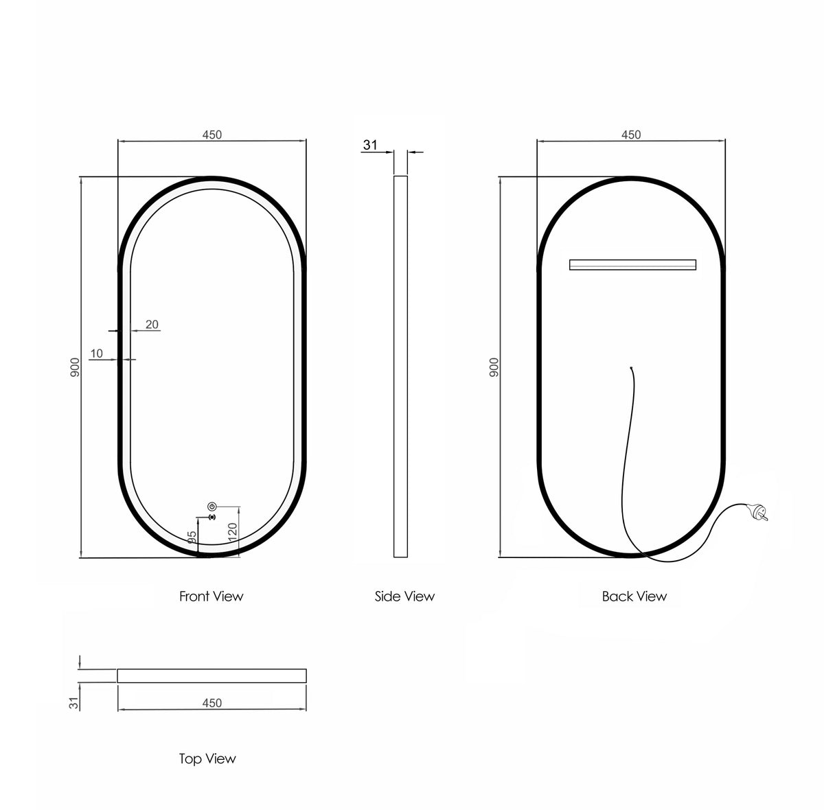 LED Noosa 900(H)x450(W) Gold Metal Frame Tuffi Mirror technical drawing