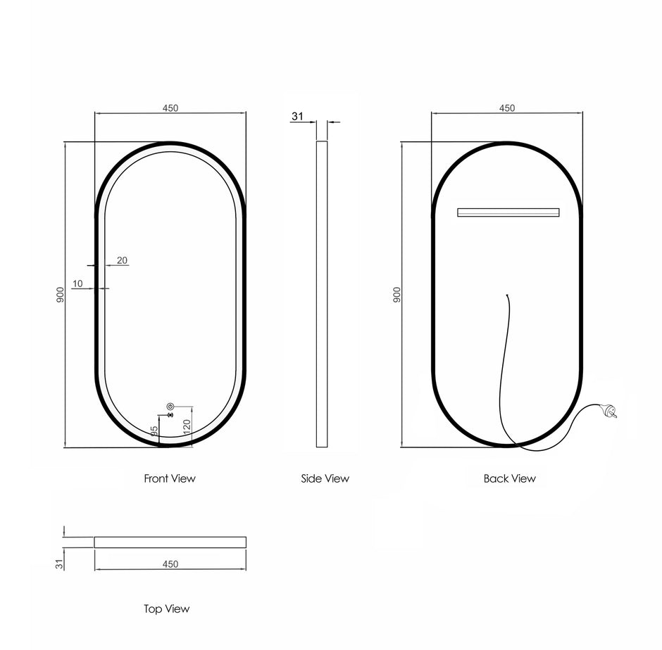 LED Noosa 900(H)x450(W) Gold Metal Frame Tuffi Mirror technical drawing