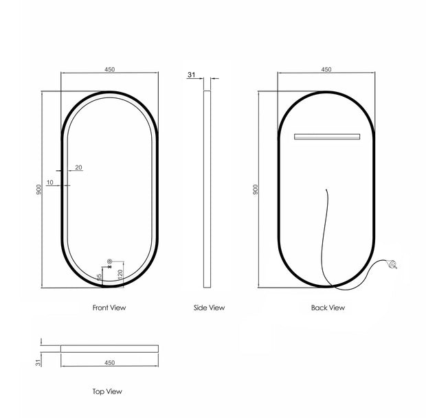 LED Noosa 900(H)x450(W) Gold Metal Frame Tuffi Mirror technical drawing