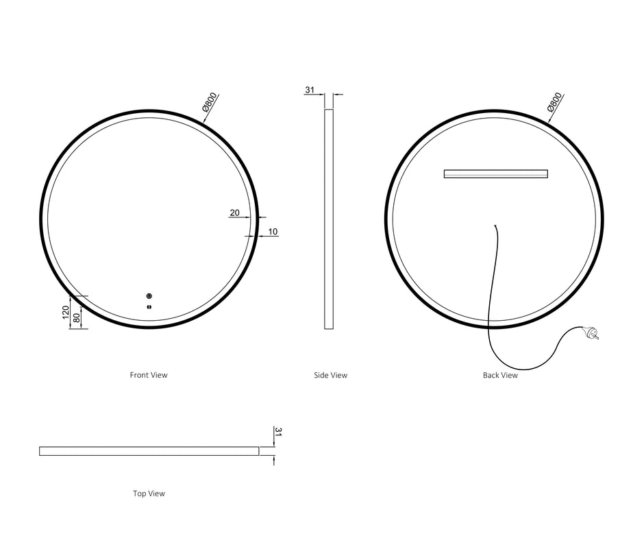 LED Bondi 800mm White Metal Frame Tuffi Mirror technical drawing