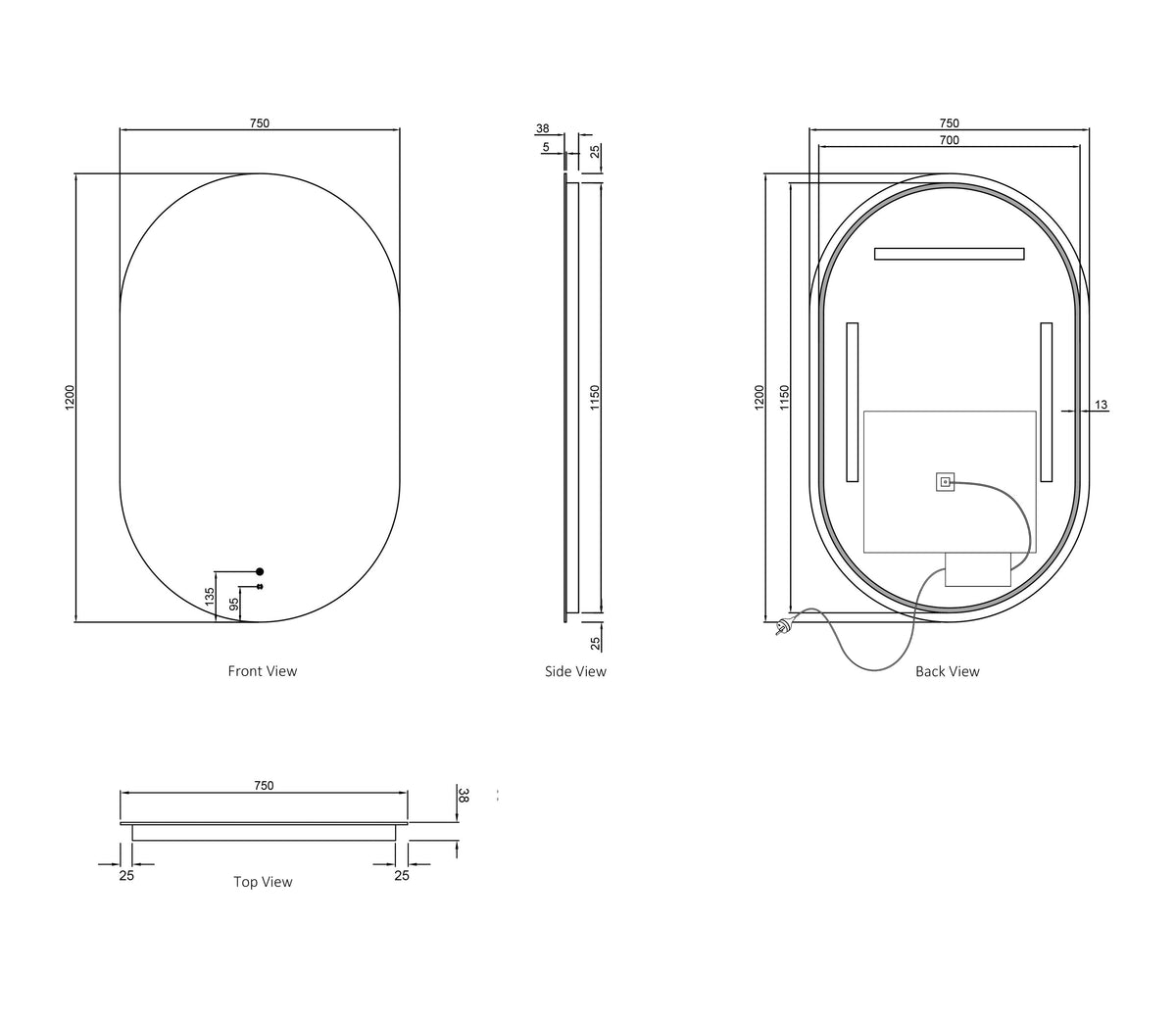 Otti LED Noosa 1200(W)x750(H) Frameless Tuffi Mirror, Install Horizontal or Vertical technical drawing