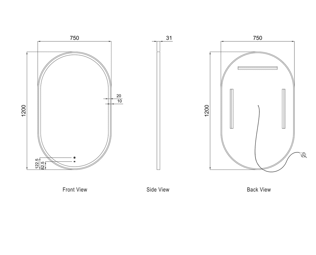 Otti LED Noosa 1200(W)x750(H) Black Metal Frame Tuffi Mirror- Install Horizontal or Vertical technical drawing