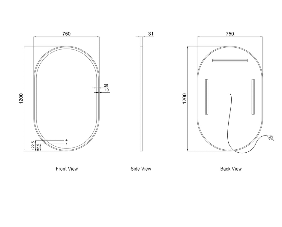 LED Noosa 1200(W)x750(H) White Metal Frame Mirror- Install Horizontal or Vertical technical drawing
