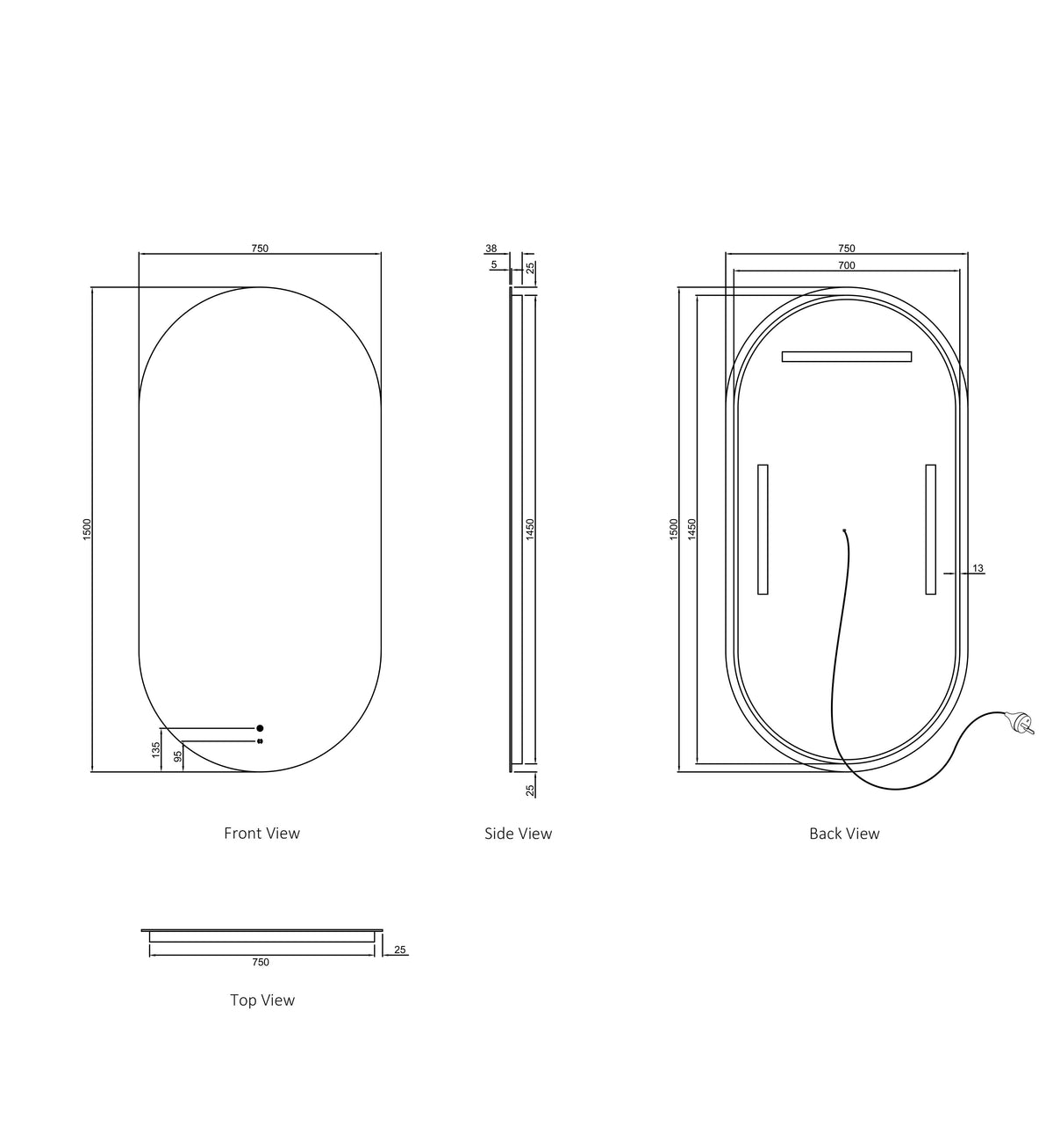 LED Noosa 1500(W)x750(H) Frameless Tuffi Mirror - Install Horizontal or Vertical technical drawing