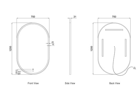 Otti LED Noosa 1200(W)x750(H) Gold Metal Frame Tuffi Mirror- Install Horizontal or Vertical technical drawing