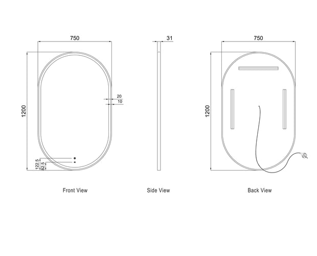 LED Noosa 1200(W)x750(H) Gold Metal Frame Tuffi Mirror- Install Horizontal or Vertical technical drawing