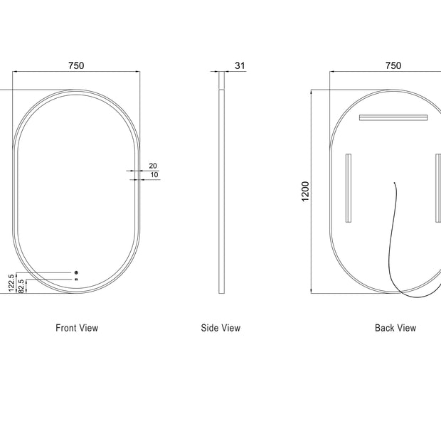 LED Noosa 1200(W)x750(H) Gold Metal Frame Tuffi Mirror- Install Horizontal or Vertical technical drawing