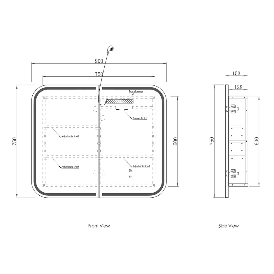 LED Newport 900(W)x750(H) White Shaving Cabinet - Premium Edition technical drawing