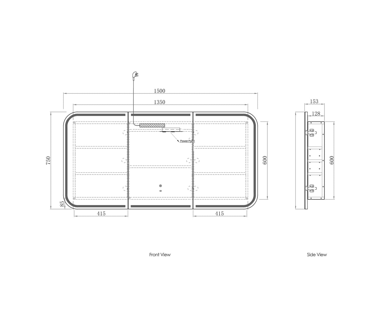 LED Newport 1500(W)x750(H) White Shaving Cabinet - Premium Edition technical drawing
