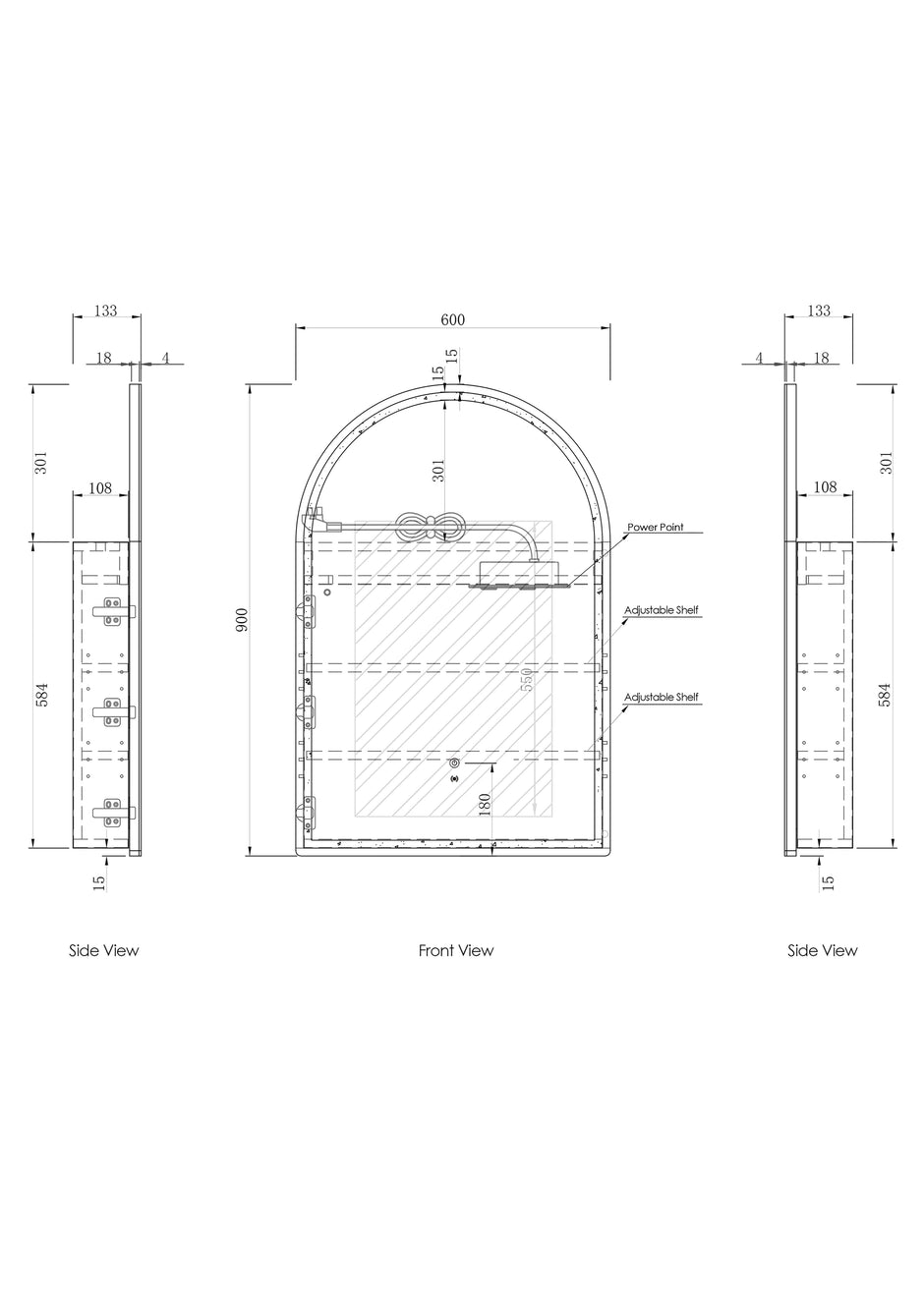 Otti LED Archie 900(H)x600(W) Black Oak Shaving Cabinet, Premium Edition technical drawing