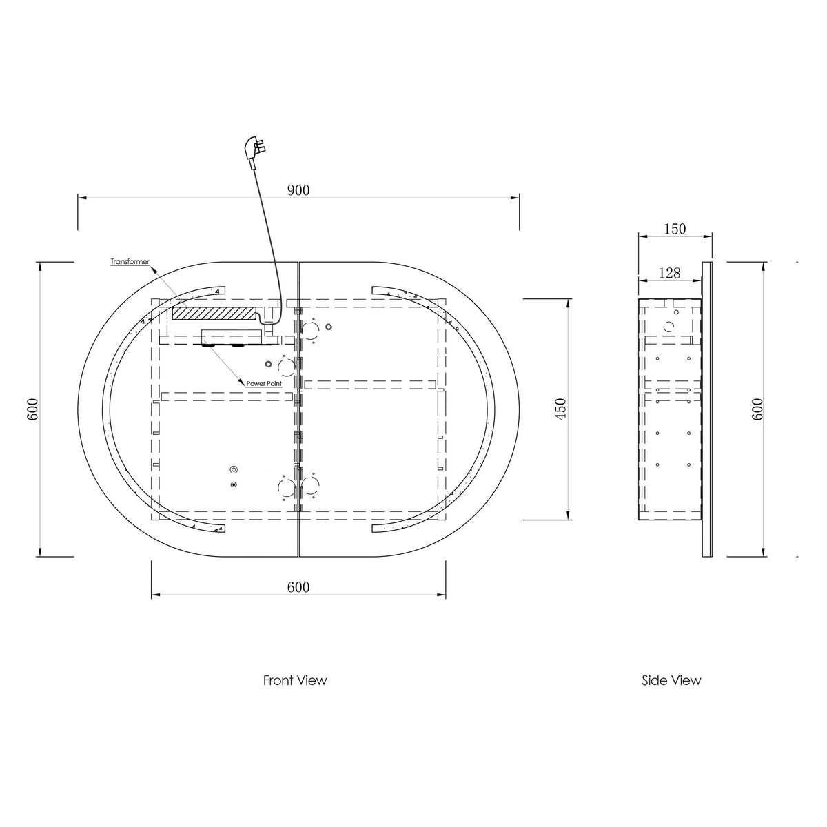 LED Bondi 900(W)x600(H) White Shaving Cabinet - Premium Edition technical drawing