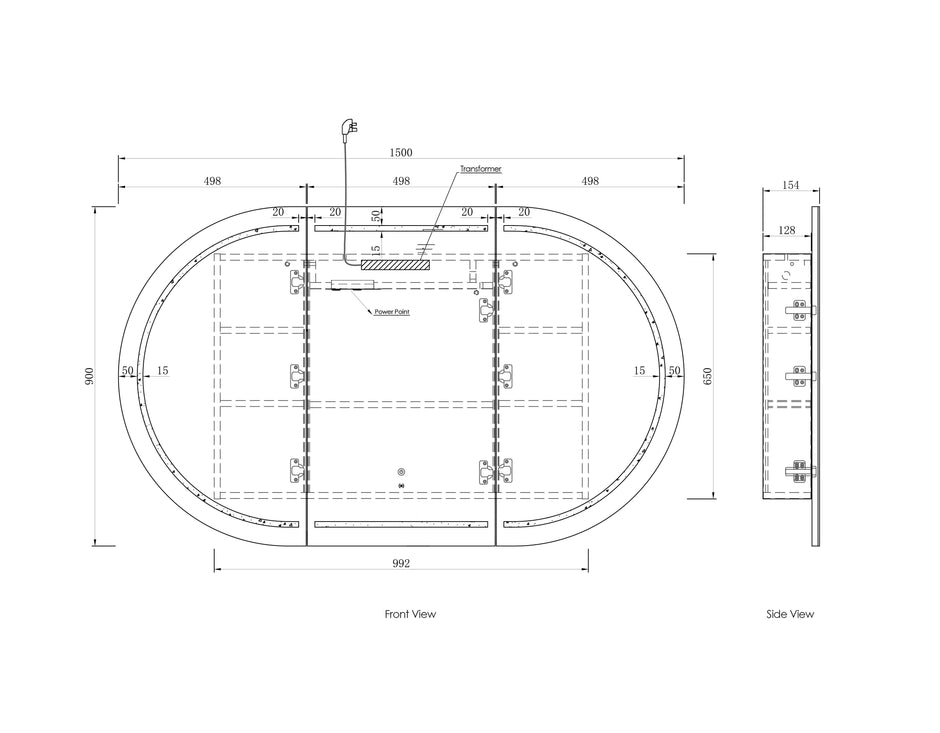 LED Bondi 1500(W)x900(H) Natural Oak Shaving Cabinet - Premium Edition technical drawing