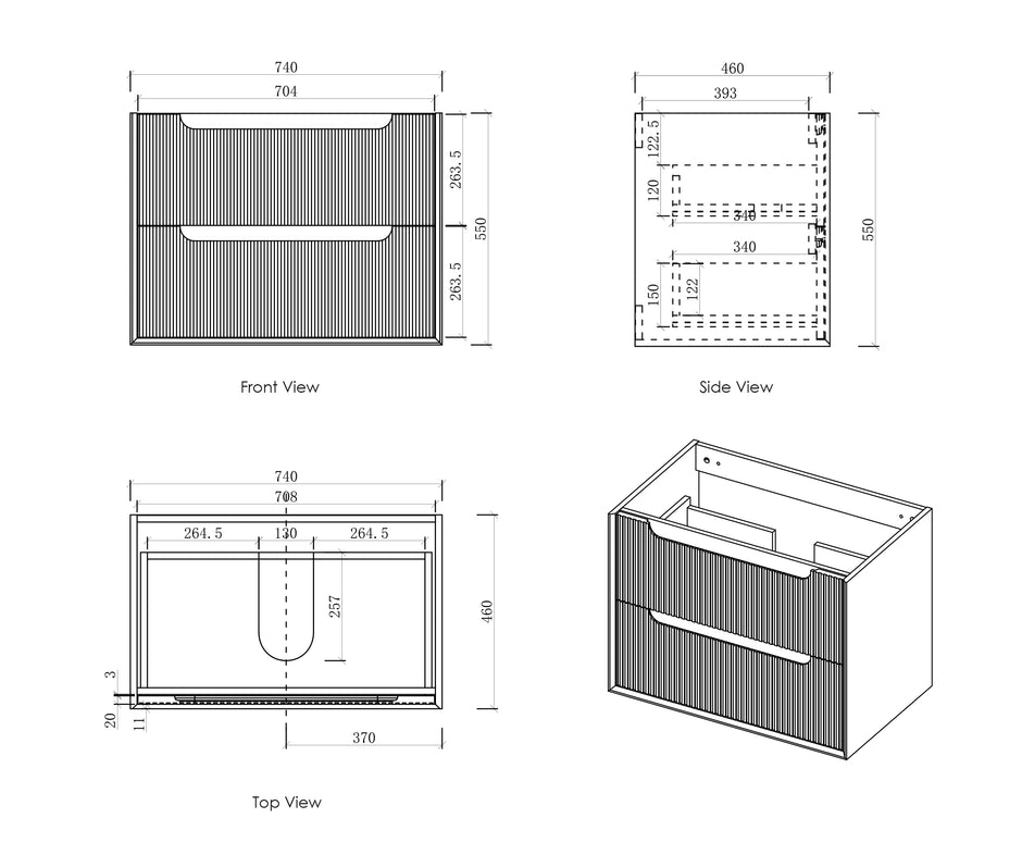 Otti Byron Fluted 750mm Woodland Oak Wall Hung Vanity technical drawing