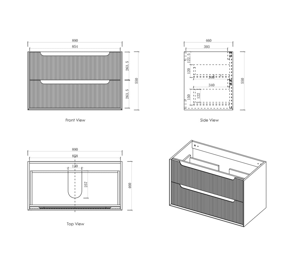 Byron Fluted 900mm Woodland Oak Wall Hung Vanity technical drawing