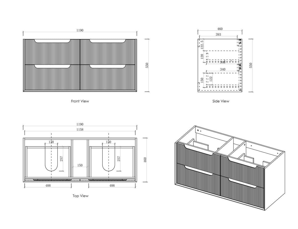 Byron Fluted 1200mm Woodland Oak Four Drawer Wall Hung Vanity technical drawing