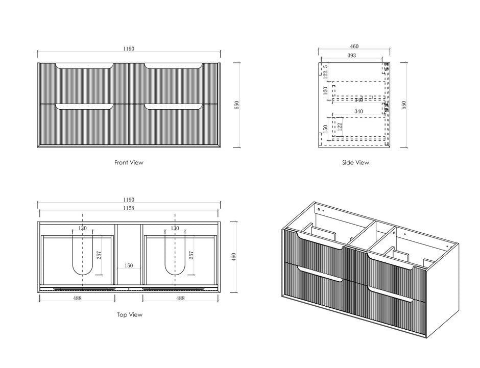 Byron Fluted 1200mm Woodland Oak Four Drawer Wall Hung Vanity technical drawing