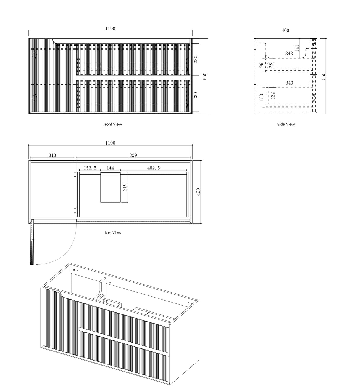 Byron Fluted 1200mm Woodland Oak Wall Hung Vanity technical drawing