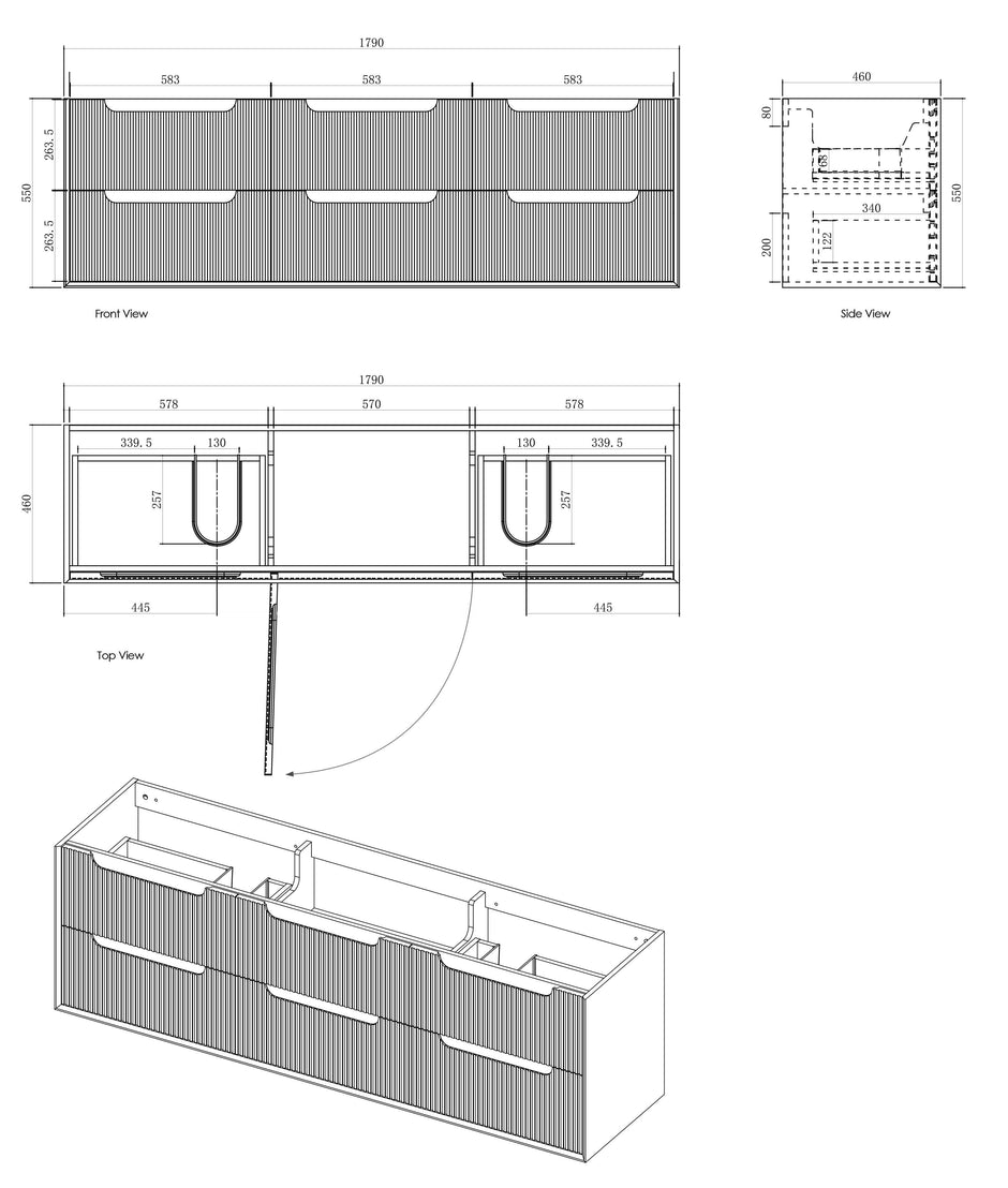 Byron Fluted 1800mm Woodland Oak Wall Hung Vanity technical drawing