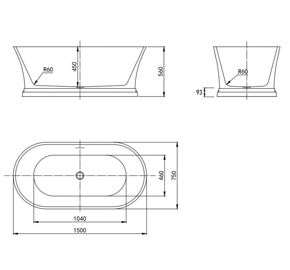 Hampton 1500x750x560 Gloss White Bathtub OF technical drawing