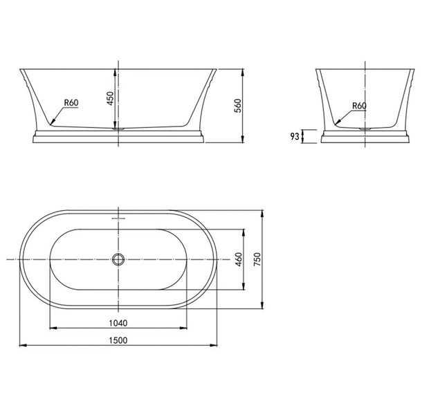 Hampton 1500x750x560 Gloss White Bathtub OF technical drawing