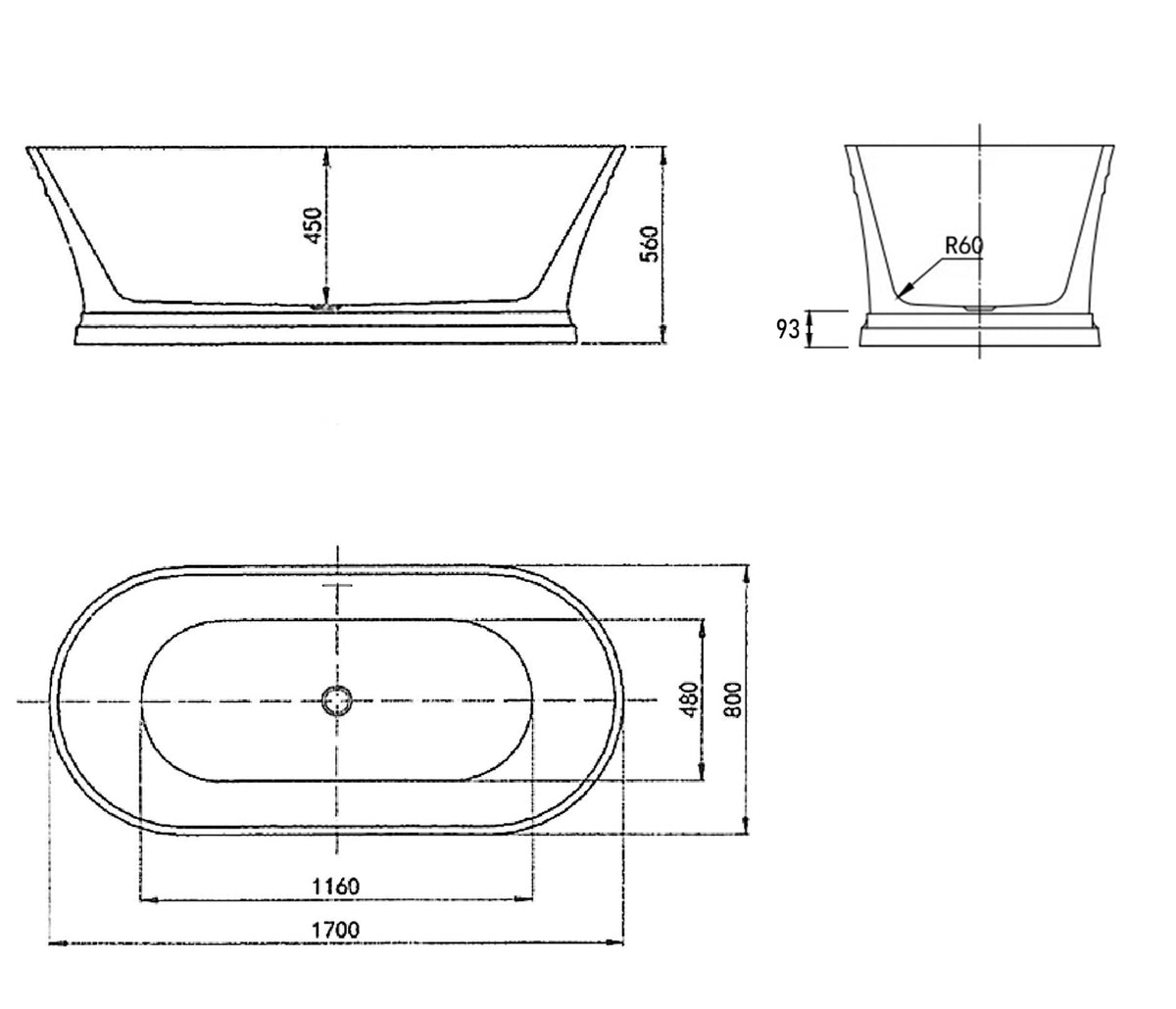 Otti Hampton 1700x800x560 Gloss White Bathtub OF technical drawing