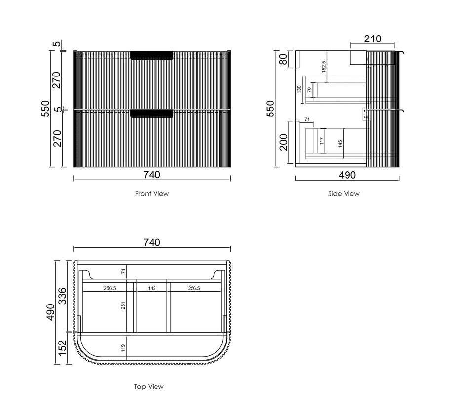 Havana Fluted 750mm Woodland Oak Wall Hung Curve Vanity technical drawing