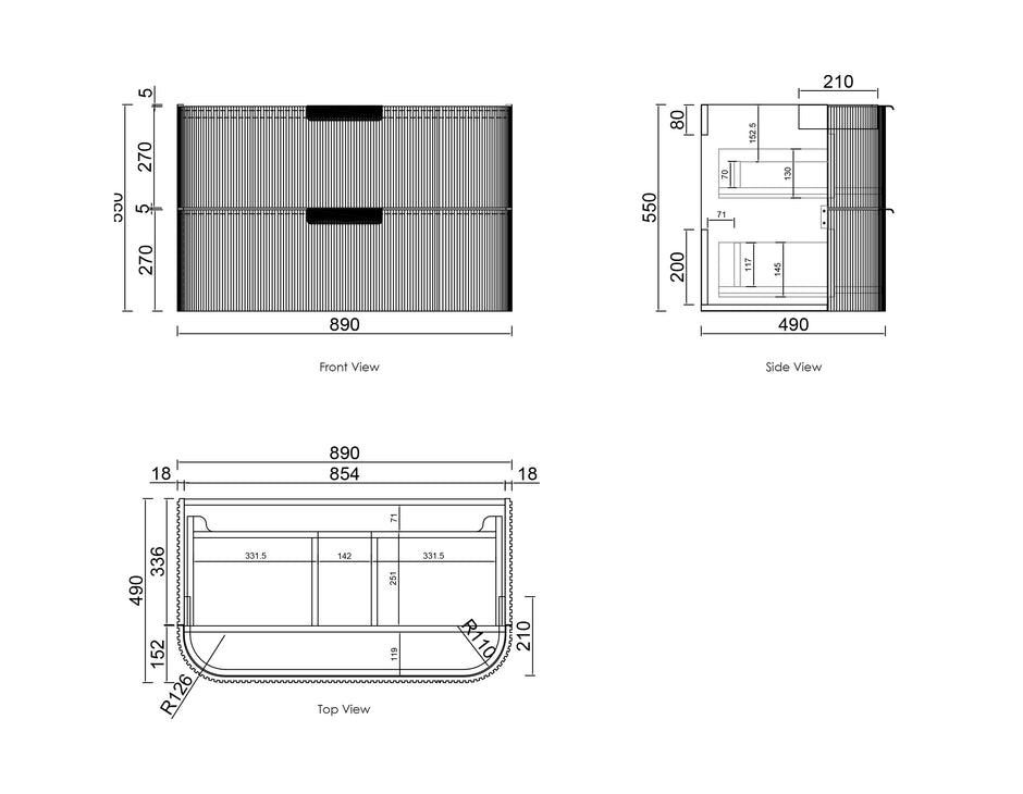 Havana Fluted 900mm Sable Walnut Wall Hung Curve Vanity technical drawing