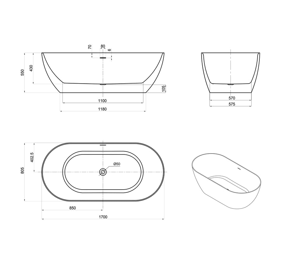 Attica Manolo 1700 Matte White Bath with Overflow technical drawing
