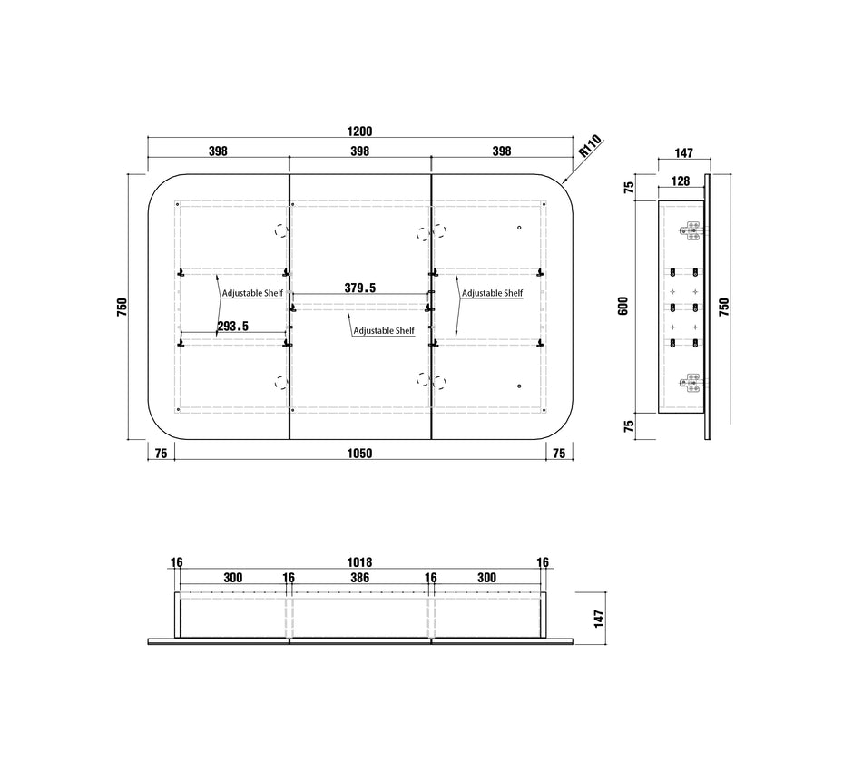 Newport 1200x750 White Shaving Cabinet technical drawing