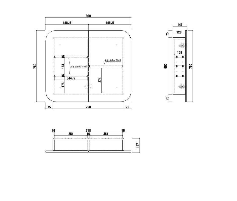 Newport 900x750 White Shaving Cabinet technical drawing