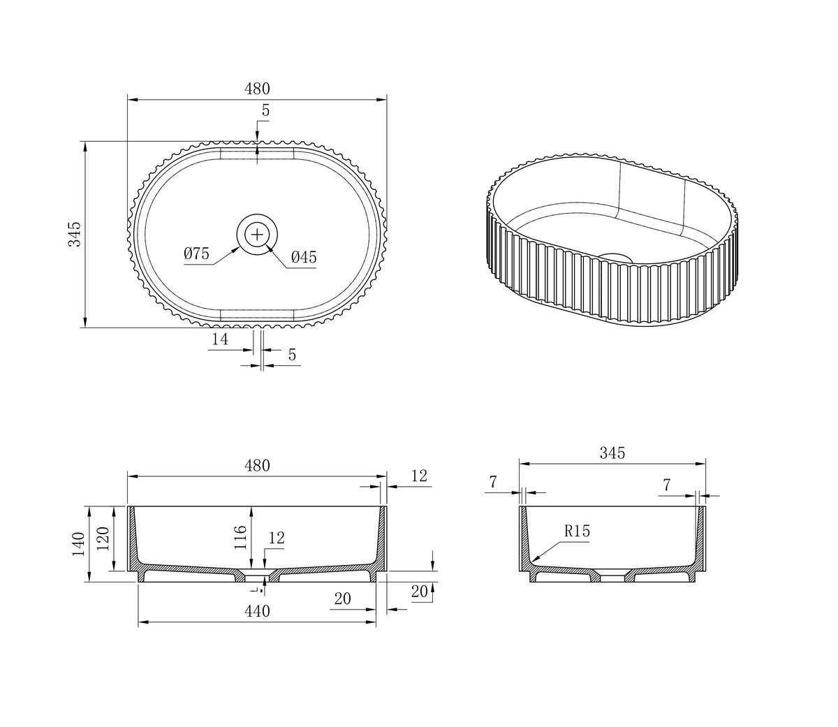 Otti Havana Oval Fluted Solid Surface 480x345x140 Matte White Basin NF technical drawing