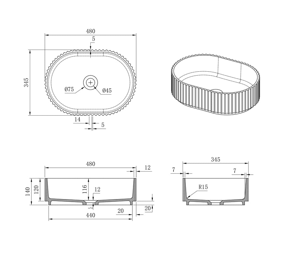 Otti Havana Oval Fluted Solid Surface 480x345x140 Matte White Basin NF technical drawing