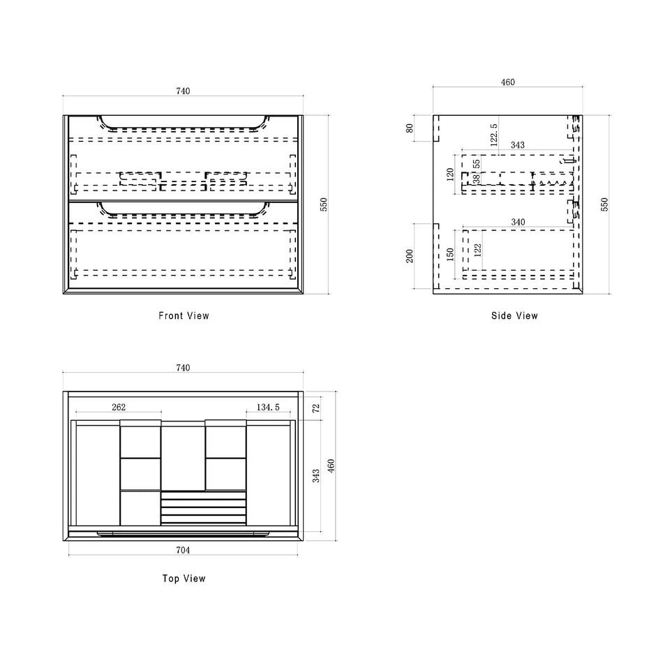 Otti Byron 750mm Black Oak Wall Hung Vanity technical drawing