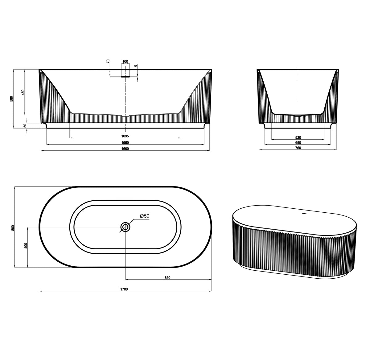 Attica Havana 1700 Matte White Fluted Bath with Overflow technical drawing