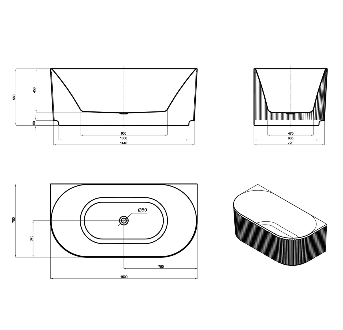 Attica Havana 1500 Matte White BTW Multi-fit Fluted Bath with Overflow technical drawing