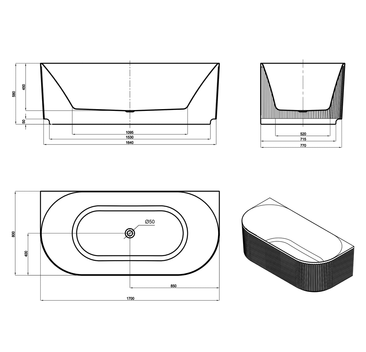 Attica Havana 1700 Matte White BTW Multi-fit Fluted Bath with Overflow technical drawing