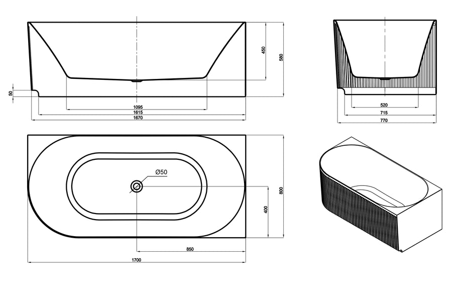 Attica Havana Right Corner 1700 Gloss White Fluted Bath with Overflow technical drawing