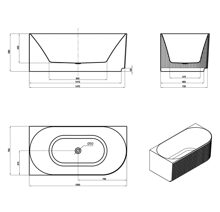 Attica Havana Left Corner 1500 Gloss White Fluted Bath with Overflow technical drawing