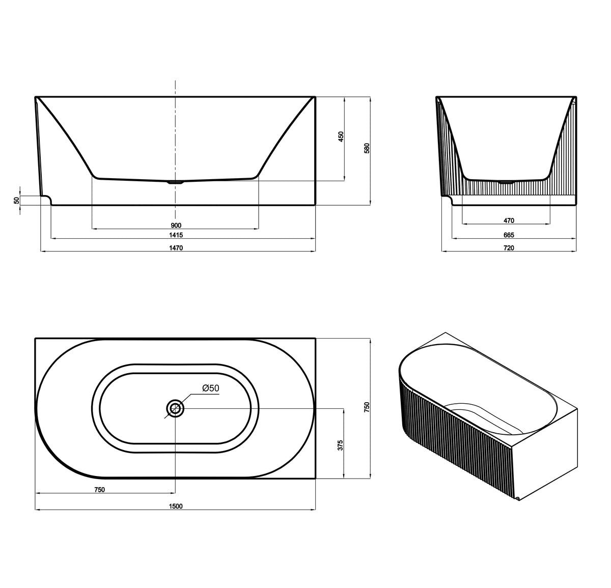 Attica Havana Right Corner 1500 Matte White Fluted Bath with Overflow technical drawing
